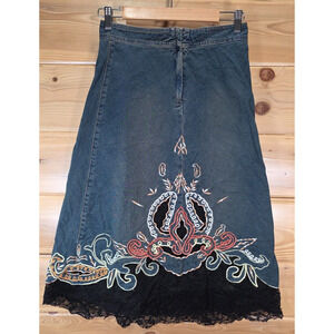 Pretty Rosa Paris Denim Maxi Skirt Women Size T3 13"X31" Floral Embroidered